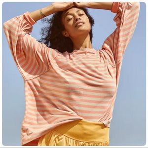 NWT! Free People She’s Everything Stripe Long Sleeve Shirt in Neon Coral- Size S